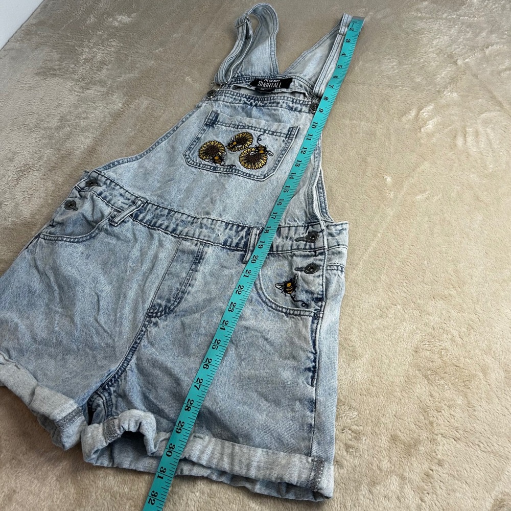 HT Denim Shortalls Women Small Light Wash Sunflower Bee Embroidered Overalls - Picture 4 of 7